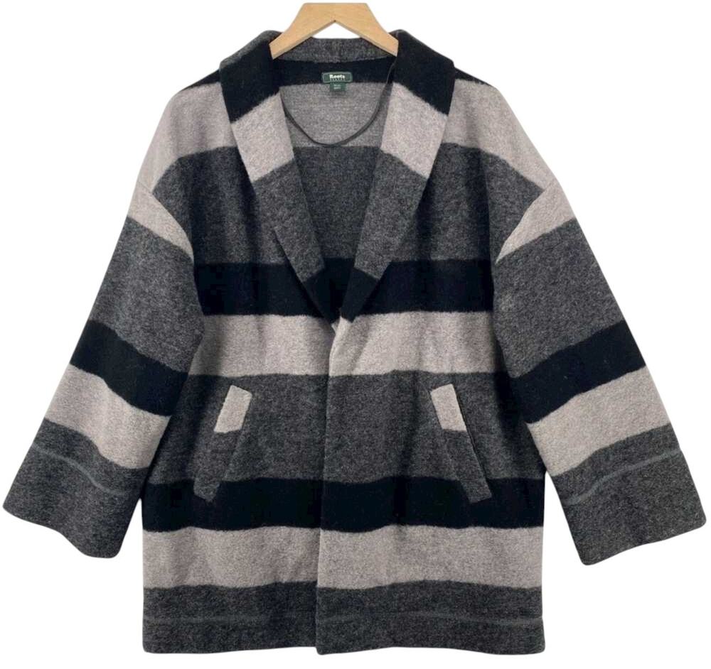 Roots Wool Blend Striped Open Front Shawl Collar Cardigan, Gray & Black, Small